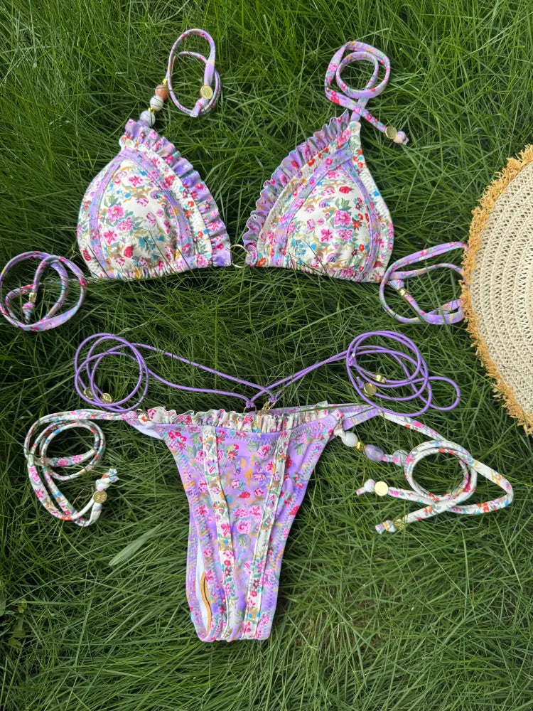 Sexy Triangle Mini Bikini Sets Micro Thongs Swimsuit Women Bathing Suit Biquini Bandage Beachwear Print Swimwear Thong Bikini - Sun Studio