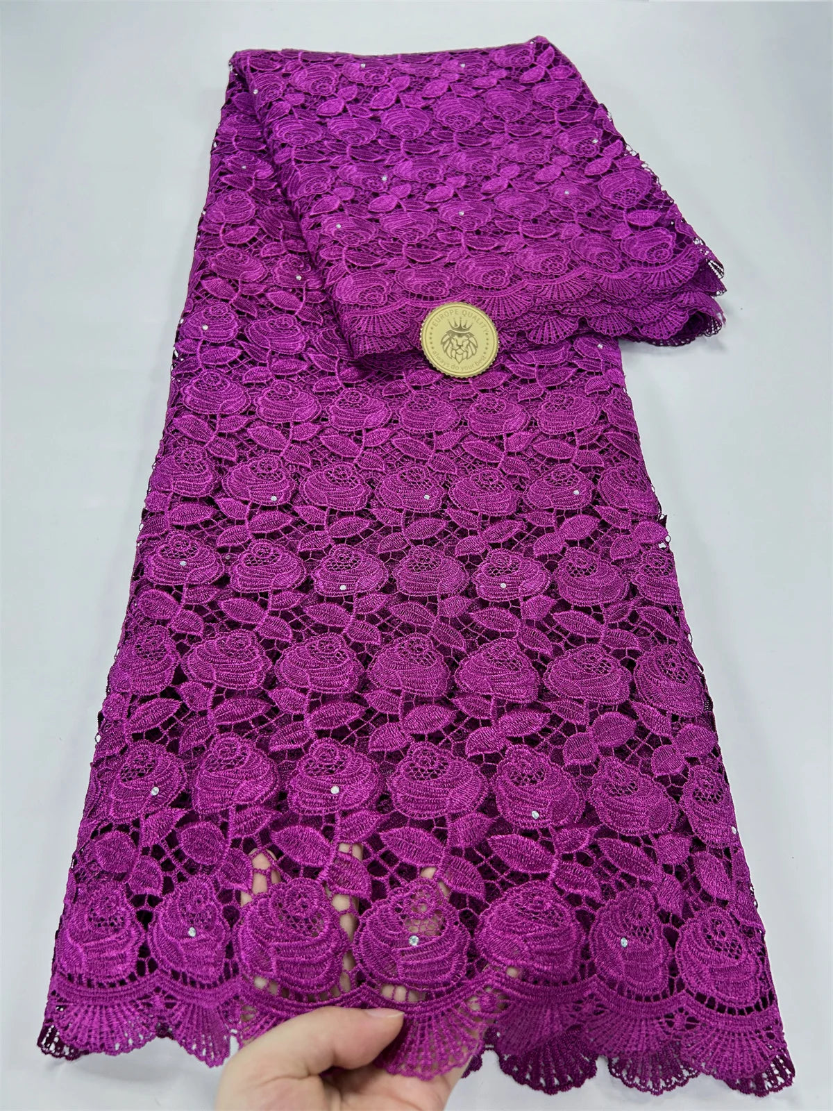 2024 Peach African Guipure Cord Lace Fabric with Stones Chemical Lace Fabric Water Soluble Lace For Women Evening Party Dresses - Sun Studio