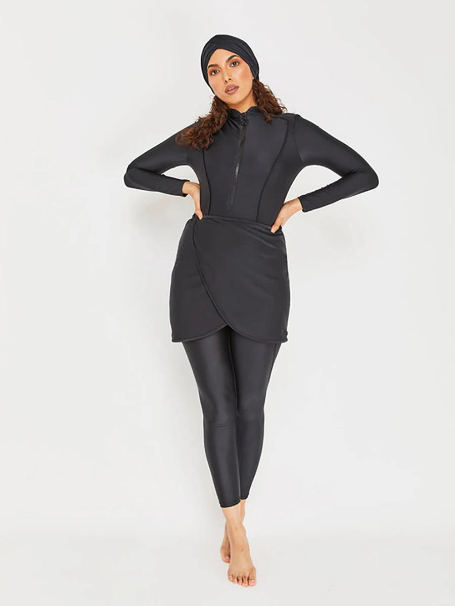 3PCS Black Series Modest Burkini Femmes Muslim Swimsuit Swimwear Summer Beach Women's Swimsuit Lotus Leaf Edge Design - Sun Studio
