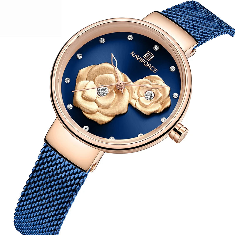Women Watch NAVIFORCE Top Luxury Brand Steel Mesh Waterproof Ladies Watches Flower Quartz Female Wristwatch Charming Girl Clock - Sun Studio