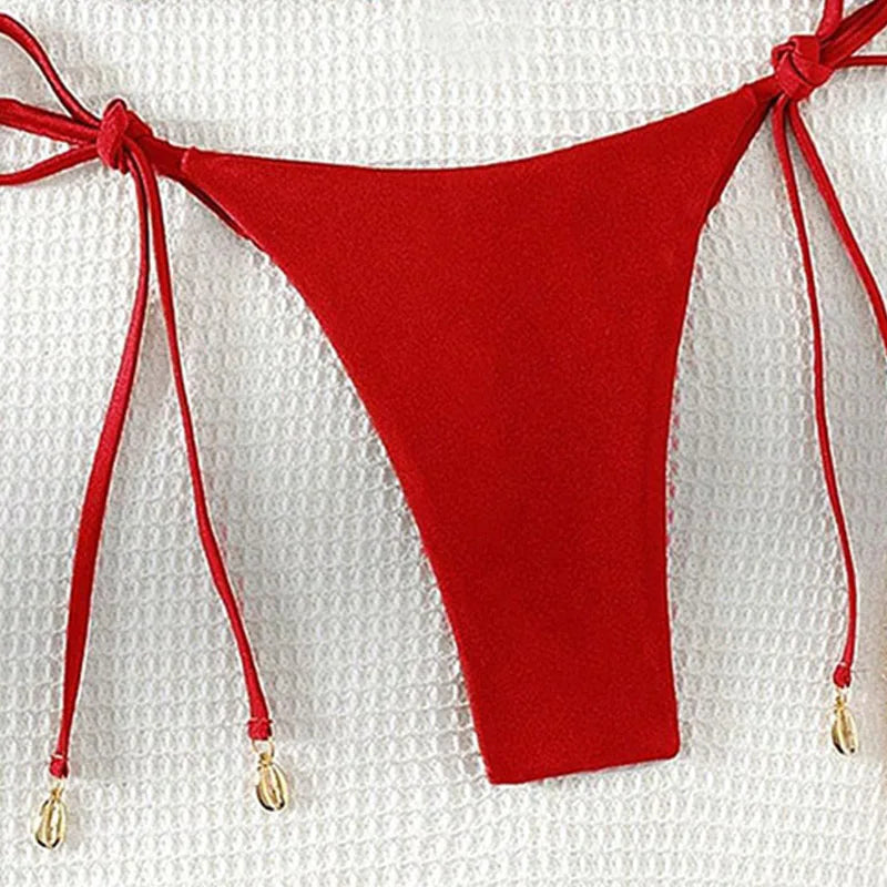 2 Pcs/Set Bikini Set Sexy Bikinis 2025 Bathing Suit Solid Color Halter Neck Strap Thong Women Swimsuit Set for Beach Swimwear - Sun Studio