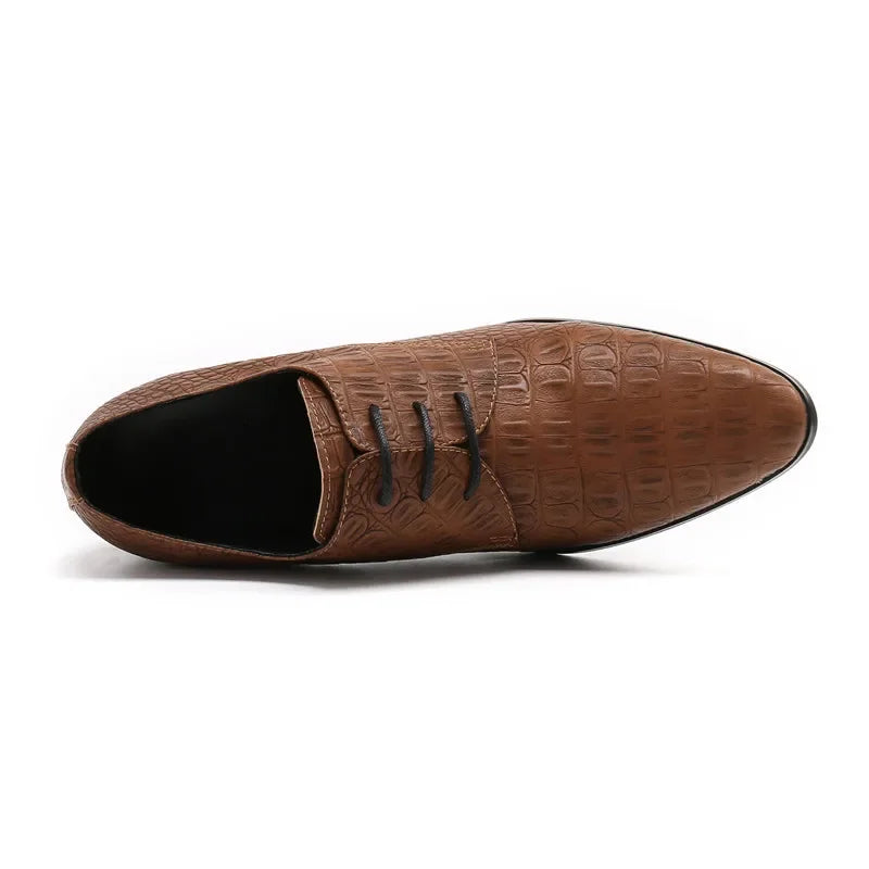 Handmade Man Office Crocodile Pattern High Heel Shoes Lace Up Business Party Dress Shoes Wedding Pointed Toe Cow Leather Shoes - Sun Studio