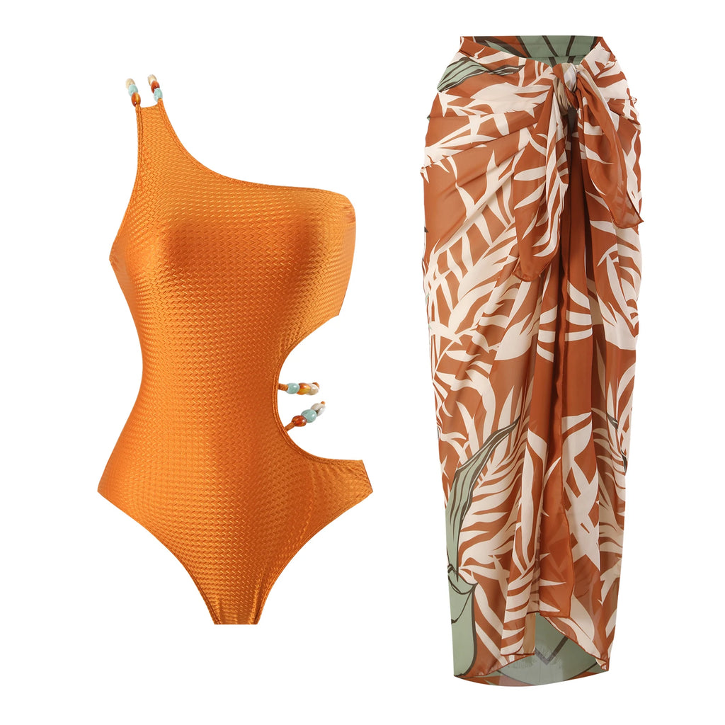 2024 Sexy Women's Swimsuit with Skirt One-Piece Swimwear Vintage Ruffle V Neck Cover Up Bikinis Set Beachwear Bathing Suit - Sun Studio