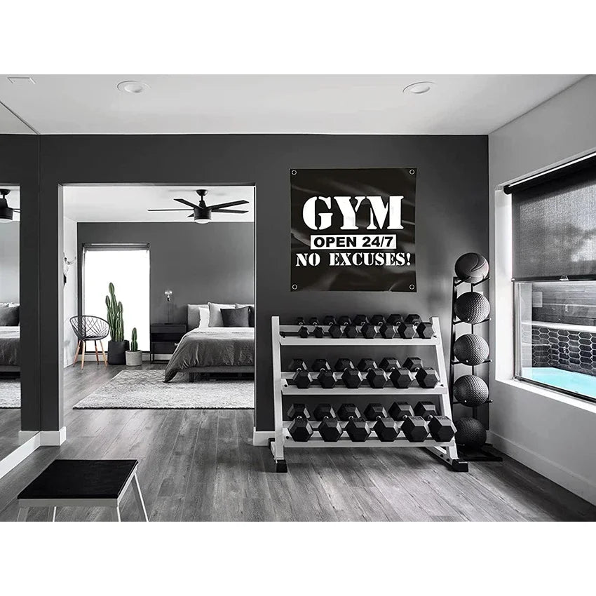 GYM Open 24/7 No Excuses Flag 3X3 FT Motivational Home Gym Tapestry For Decor Bedroom Room Dorm Wall With Four Brass Grommets - Sun Studio