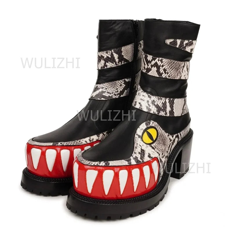 Men's Leopard Graffiti Teeth Totem Boots Black Leather Patent Leather Block Heels Thick Sole Zip Fashion Round Toe Shoes Street - Sun Studio