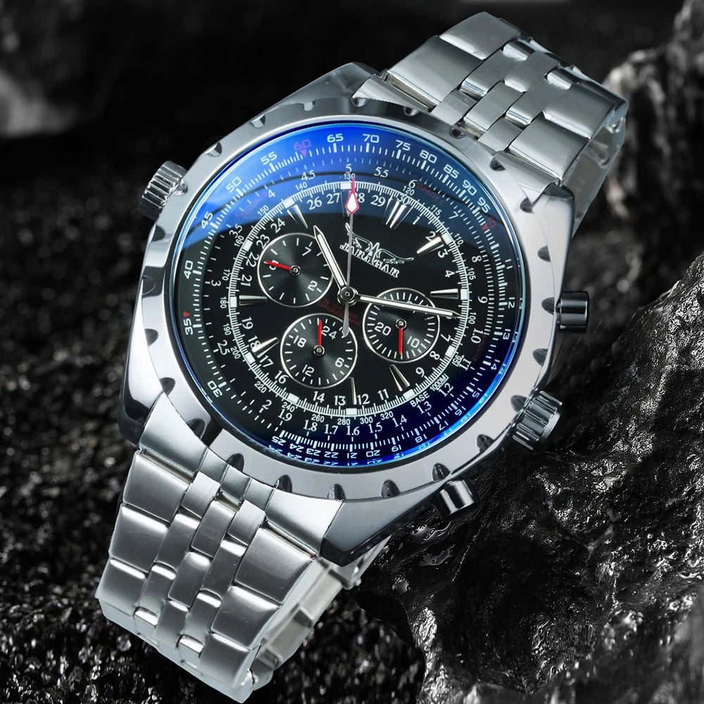 JARAGAR Sports Mens Watches Top Brand Luxury Automatic Mechanical Watch for Men Silver Stainless Steel Strap Military Wristwatch - Sun Studio