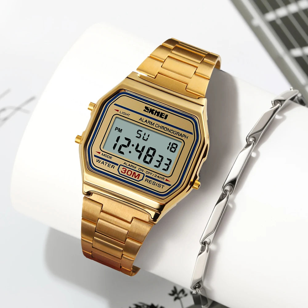 SKMEI Stainless Steel Strap Electronic Watches For Men Women Casual Sport Waterproof LED Display Digital Wristwatch and Bracelet - Sun Studio