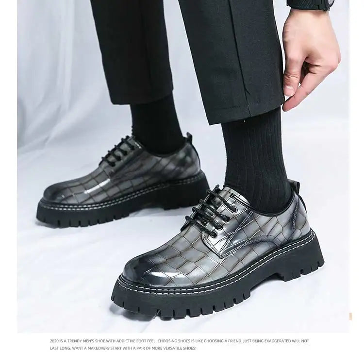 New Black Men Shoes Lace-up  Round Toe Stone Pattern Brown Gray Men Dress Shoes Size 38-46 - Sun Studio