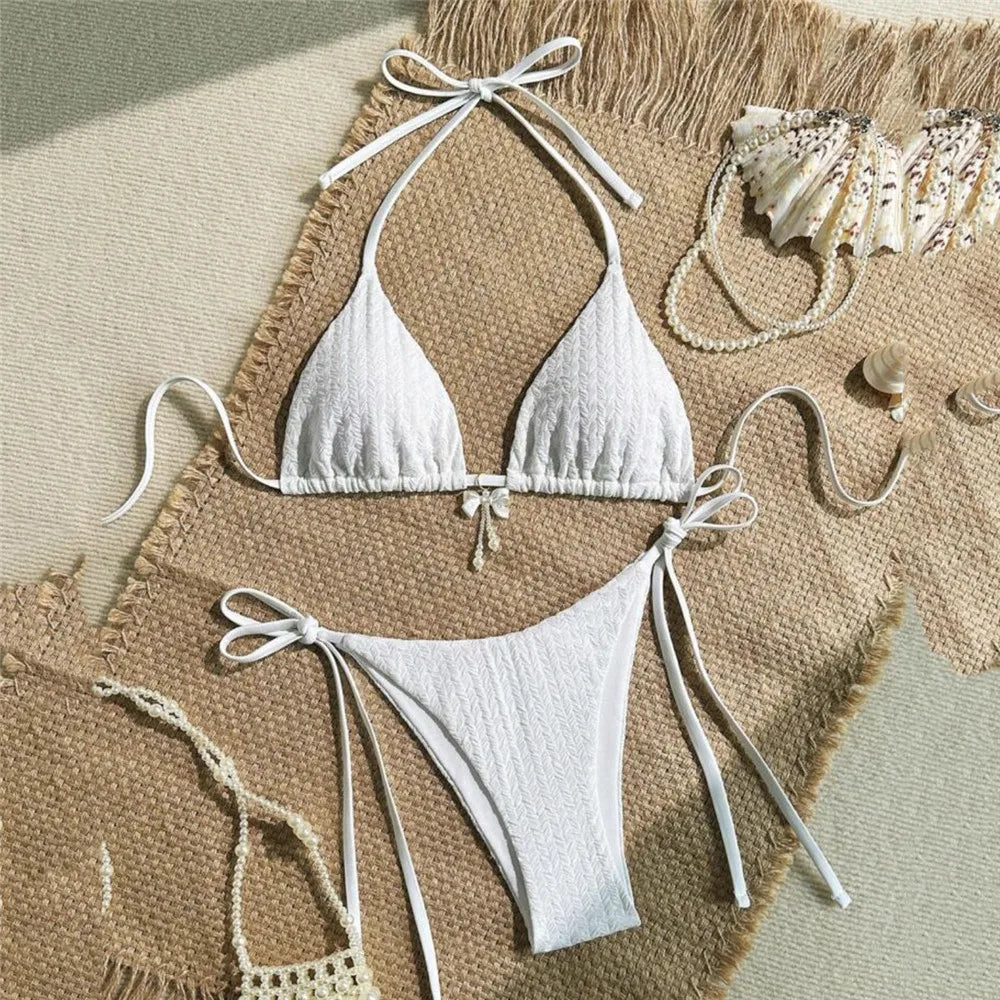 Yellow Halter String Triangle Micro Bikini Thong Solid Swimwears Bow Pearl Sexy Swimsuit Women Bathing Suit Bikinis Sets 2026 - Sun Studio