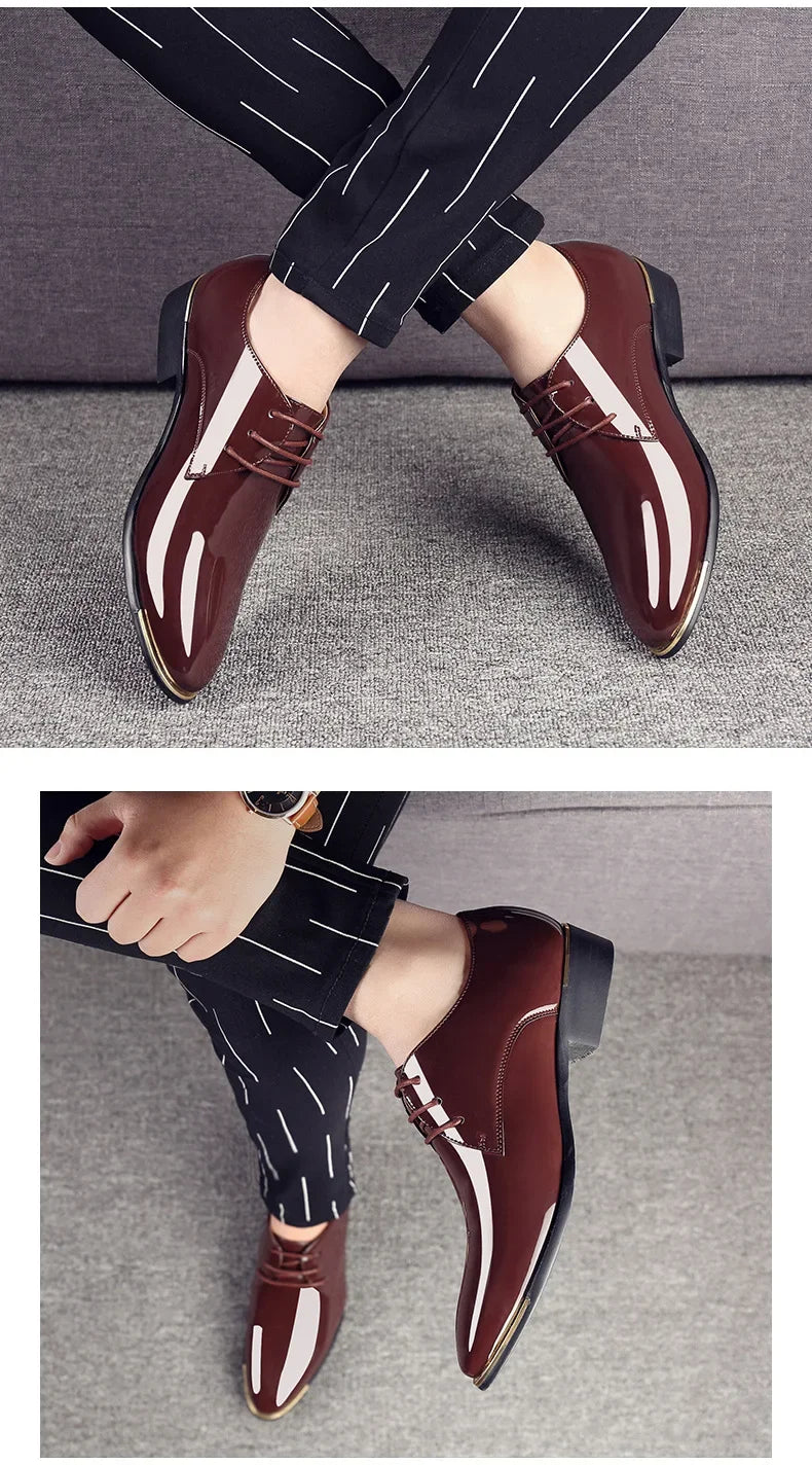 2024 New Men’s Patent Leather Shoes  British Style Men's Dress Shoes Lace Up Pointed Toe Wedding Business Party Social Shoe Male - Sun Studio
