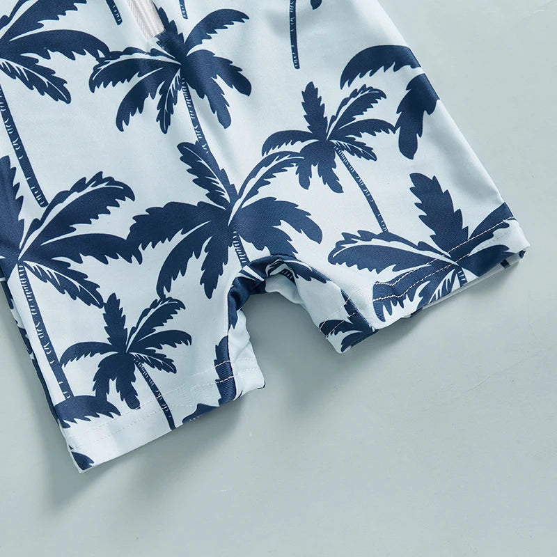 Summer Toddler Infant Baby Boys Girl Rash Guard Swimsuit Coconut Tree Print Short Sleeve Mock Neck Zip Bathing Suit - Sun Studio
