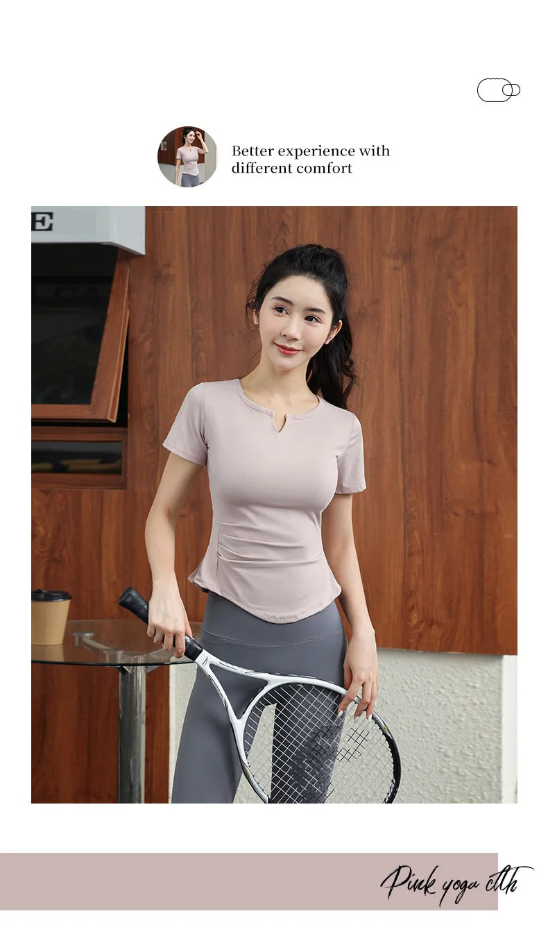 Fitness Yoga Tshirt Women's Short Sleeve Gym T-Shirt Quick Dry Running Training Breathable Slimming Moisture Wicking Sports Tops - Sun Studio