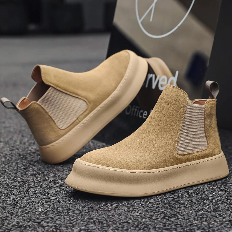 Fashion Brand Men Genuine Leather Mid Top Boots with British Style Autumn Winter Men Anti Slip and Wear-resistant Chelsea Boots - Sun Studio