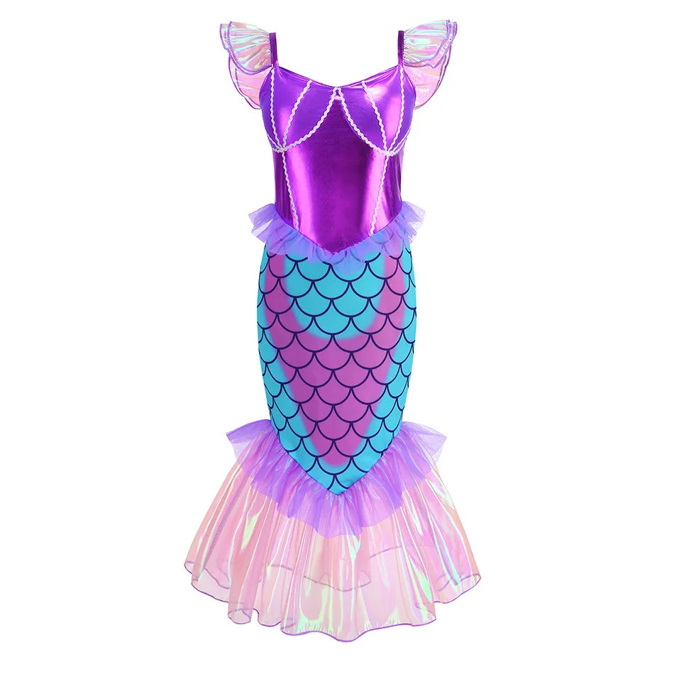 Disney Blue Red Purple Three Colors Mermaid Flying Sleeve Fishtail Beautiful Dress For Girl Summer Beach Party Cool Swimsuit Set - Sun Studio