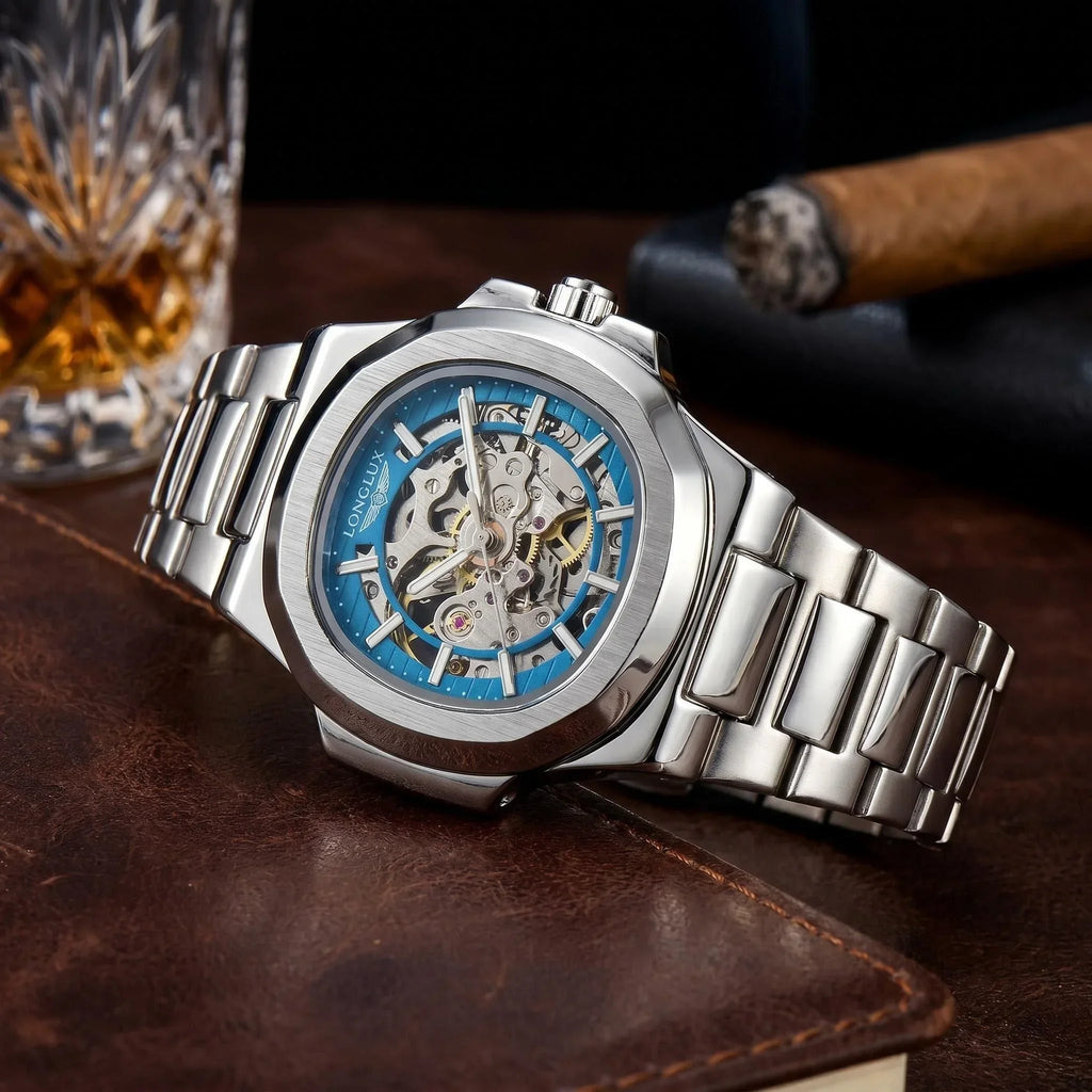LONGLUX Men automatic mechanical watch luxury watches waterproof skeleton business cheap wholesale stainless steel gift watch - Sun Studio