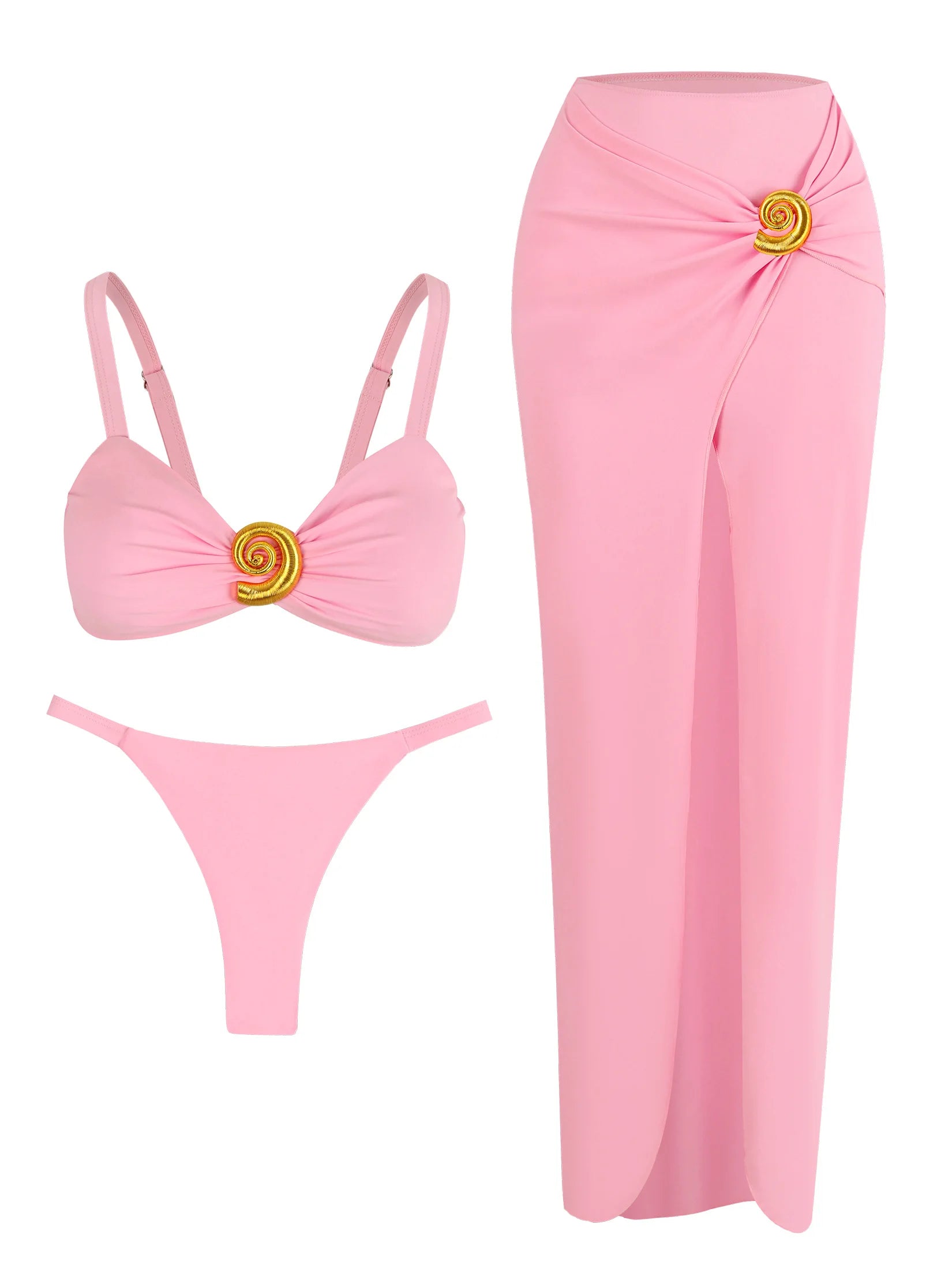 3 Pieces Bikini Set with Coverup Skirt Push up Swimsuit 2025 Sexy Women Bathing Suits High Waist Beachwear Pink Beach Dress K139 - Sun Studio