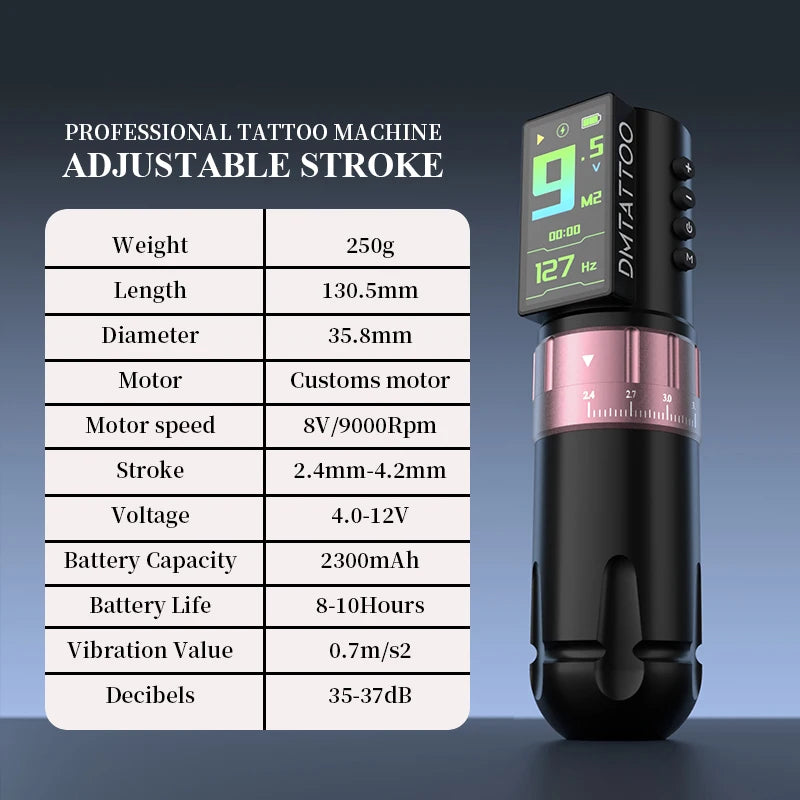 DM Venom Wireless Adjustable Stroke Tattoo Machine Adjustable Stroke 2.4-4.2mm With 2300mAh Powerful Color Screen Battery - Sun Studio
