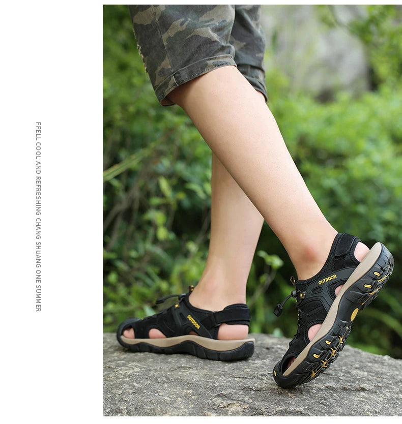 Men's Sandals Top Cowhide Upper Hollow Out Round Toe Outdoor Beach Walking Non Slip Durable Summer Beach Shoes Adjustable Buckle - Sun Studio