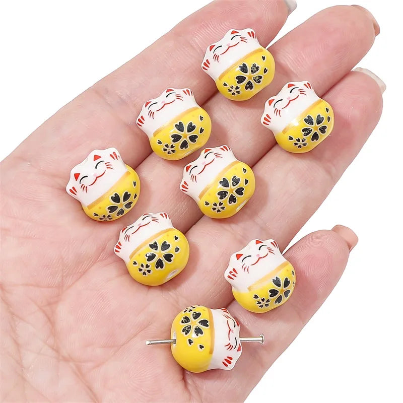 10Pcs 13X14MM Chinese Cute Animal Lucky Cat Vertical Hole Ceramic Beads For Home Decor DIY Accessories Hand-knitted Bracelet - Sun Studio