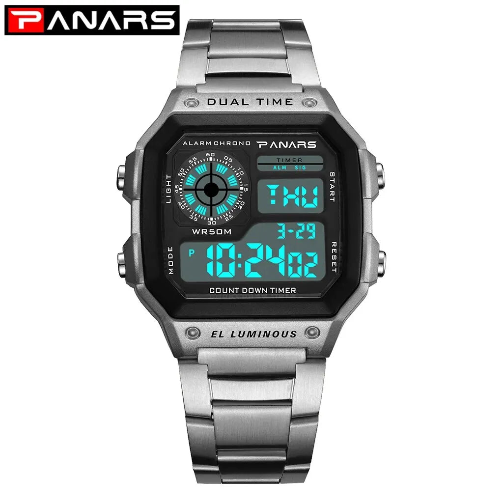 PANARS Top Luxury Stainless Steel Strap Sport Watches Mens Waterproof Back Light Digital Wristwatch Male Alarm - Sun Studio