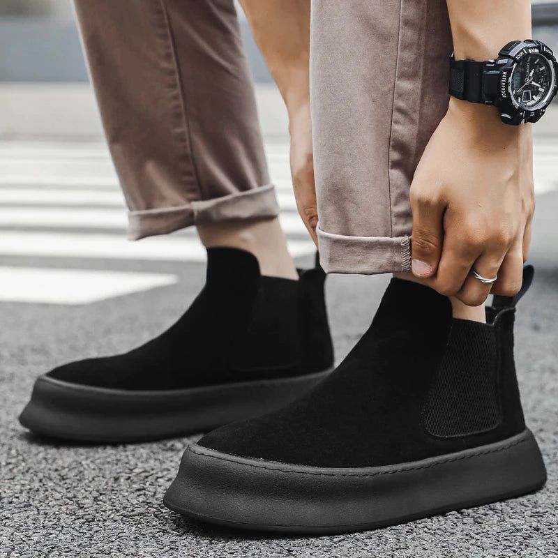 Fashion Brand Men Genuine Leather Mid Top Boots with British Style Autumn Winter Men Anti Slip and Wear-resistant Chelsea Boots