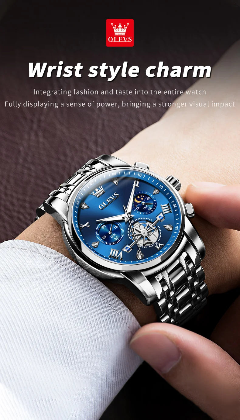 OLEVS Men's Watches Classic Multifunctional Flywheel Design Stainless steel Waterproof Moon Phase Men's Wristwatches 2024 Trend - Sun Studio