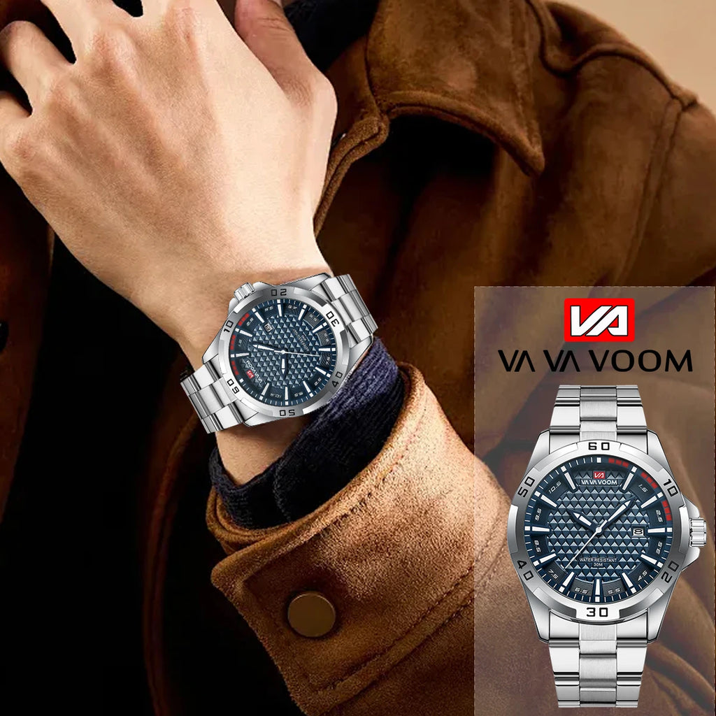 VA VA VOOM Mens Casual Sport Military Quartz Calendar Watches for Man Business Stainless Steel Waterproof Clock Relogio Masculin - Sun Studio