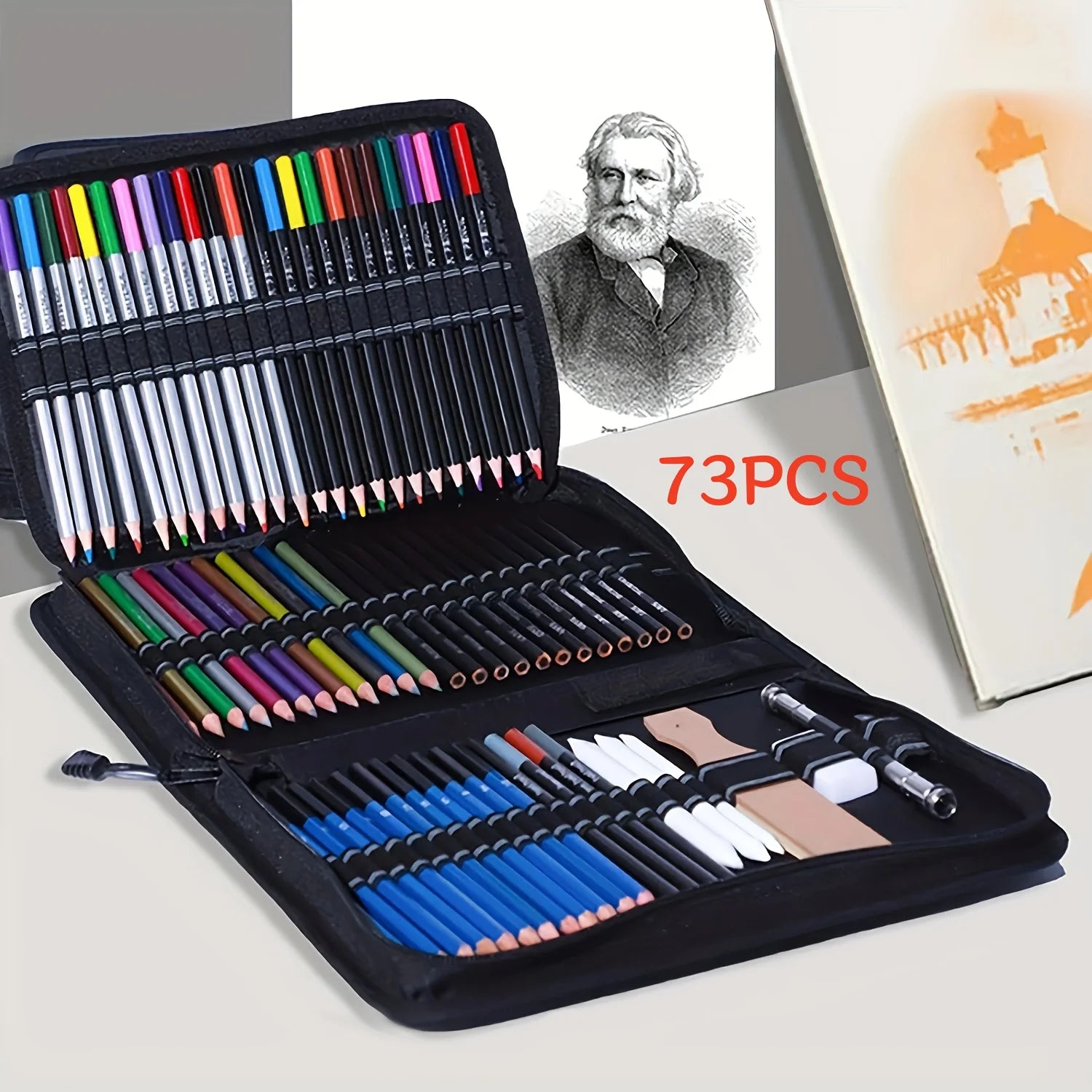 42/73/146 Pack Drawing Sketching Set, with 3-Color Sketchbook, Graphite, Charcoal Pencil, Ideal for Shading, Blending - Sun Studio