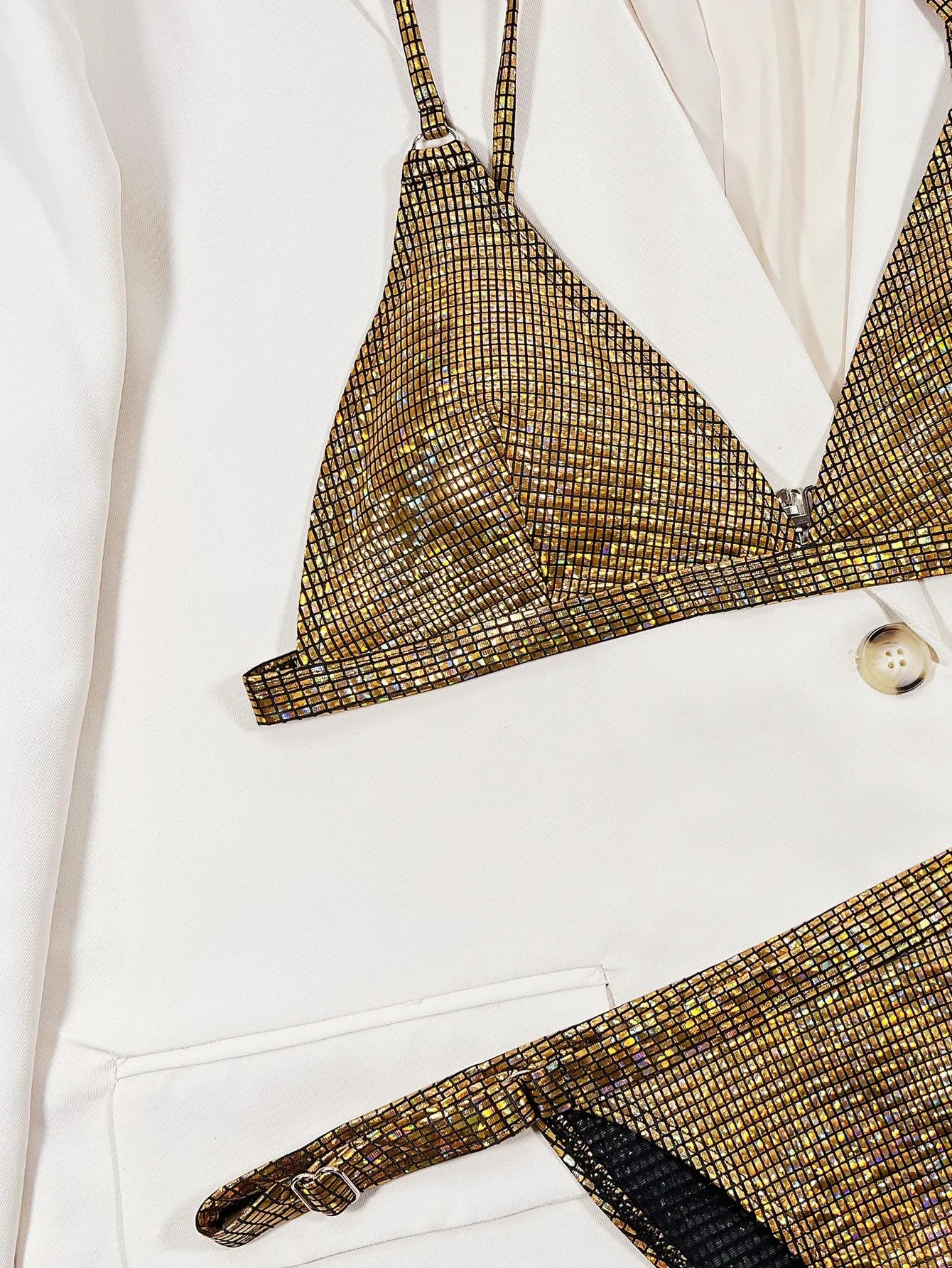 Gold glitter swimsuit women 2026 shiny two piece bikini sexy V-neck suspender swimwear high waist ackless bathing suit XMC185W - Sun Studio