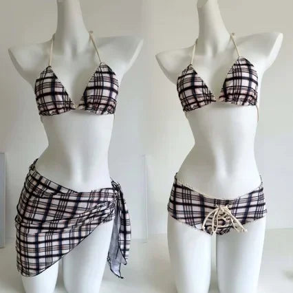 Low-Waist Plaid Bikini with Drawstring Strap Thermal Spring Swimsuit Women's Fashionable Vintage Lace Detailing By-Jane - Sun Studio