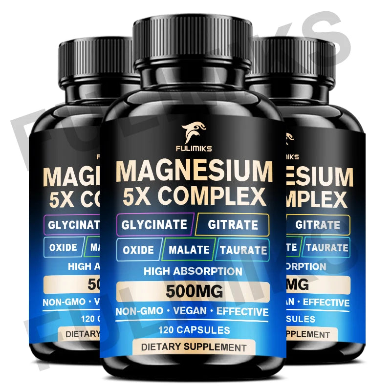 Magnesium Pills Supplement - 5 in 1 Complex, Glycinate, Citrate, Malate, Taurate, Oxide - Stress, Muscle & Heart Support - Sun Studio