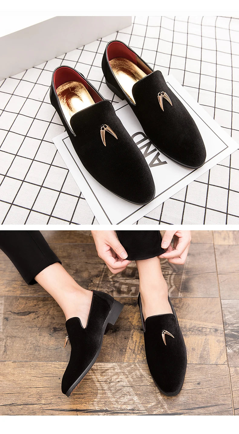 Fashion Party and Wedding Handmade Men Loafers Men Velvet Shoes Leaves and Gold Buckle Men Dress Shoe Men's Flats Zapatos Hombre - Sun Studio