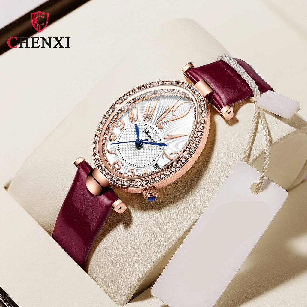 Luxury Watch For Women Diamond Waterproof Quartz Ladies Watches Fashion Elegant Oval Calendar Wristwatche Leather Strap - Sun Studio