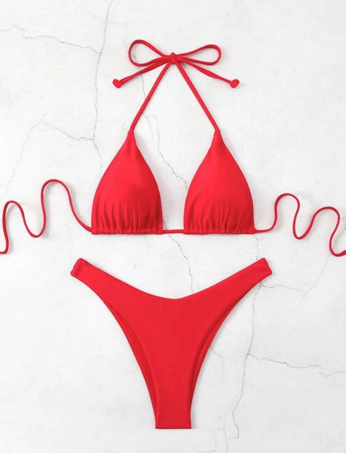 New Halter Bikini Women Solid Color Two-Piece Set Sexy Split Swimsuit Yellow Red Black Coffee White Pink Lace Up Bathing Suit - Sun Studio