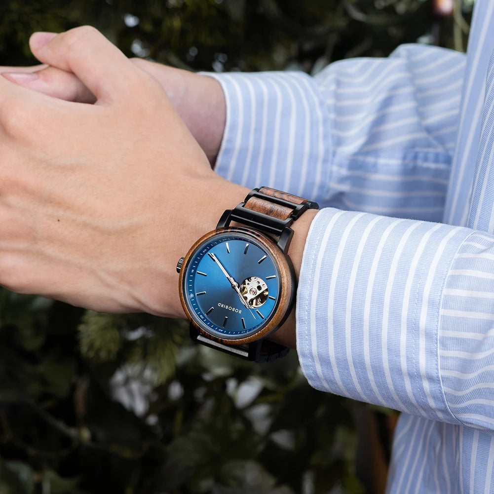 BOBO BIRD New Mechanical Watches for Men Luxury Wood and Stainless Steel Skeleton Customized Automatic Watch relojes mecánicos - Sun Studio