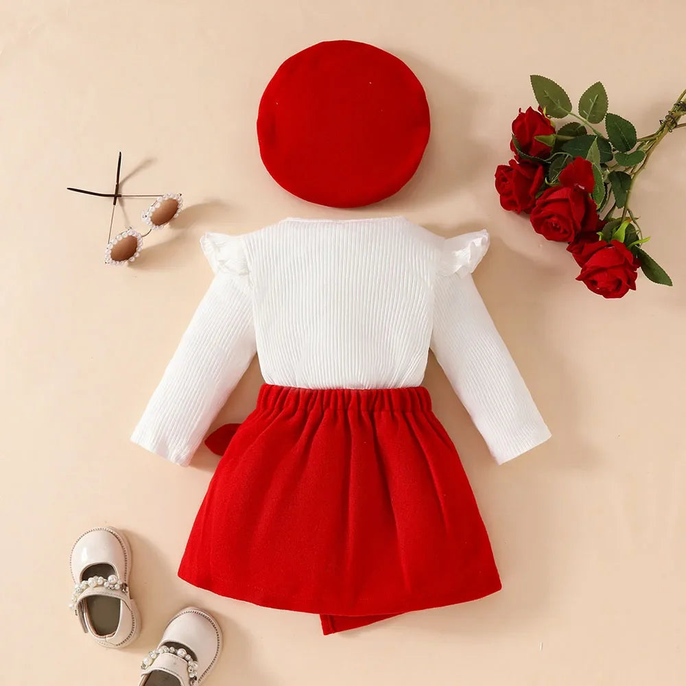 Baby Girls Clothes New Year Set 0-3Y Long Sleeve Big Bow Top Irregular Skirt and Beret 3Pcs Toddler Christmas Clothes - Sun Studio