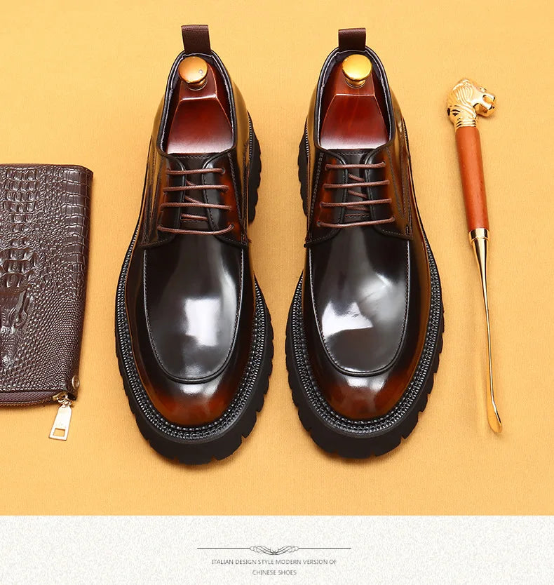 designer men's leather shoes with thick soles round toe glossy leather business dress shoes Waxed cowhide lace up British shoes - Sun Studio