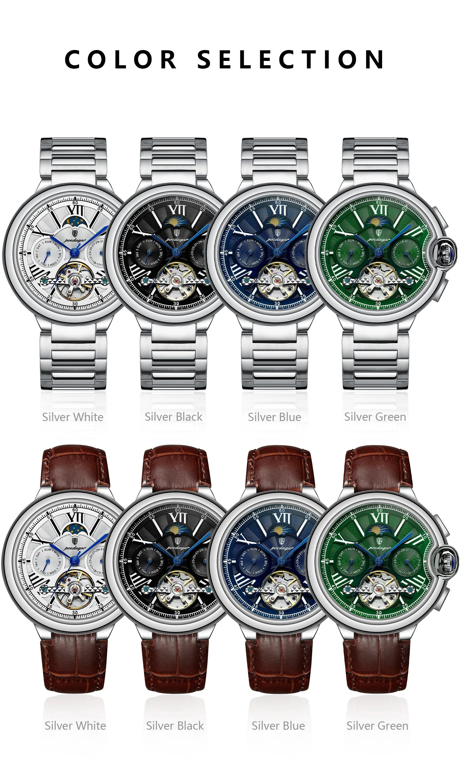 POEDAGAR Luxury Male Watch Business Date Week Stainless Steel Tourbillon Men Clock Waterproof Automatic Mechanical Men's Watches - Sun Studio
