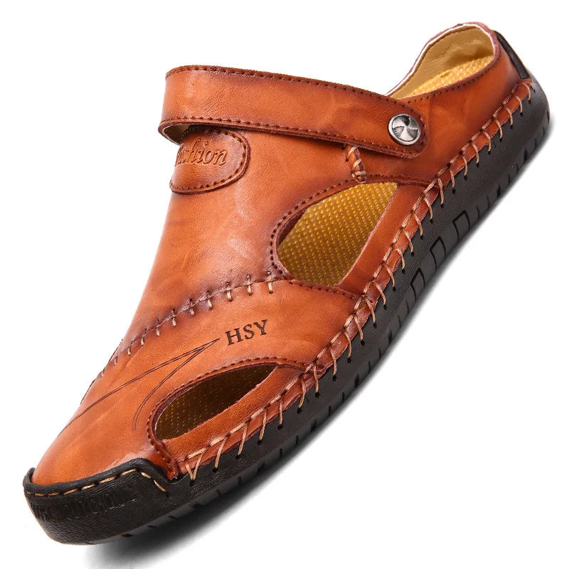 Sandales décontractées en cuir pour hommes grande taille, chaussures de plage respirantes, à enfiler, construction cousue durable, sandales de marche confortables
