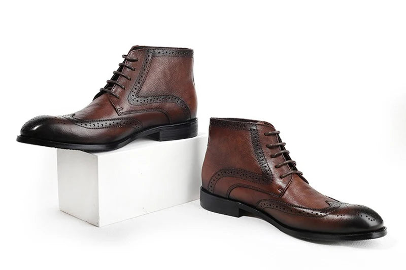 British Brock Carved Leather Boots Retro Business Formal Leather Shoes Fashion Men's Boots Cowhide Men's Short Boots - Sun Studio