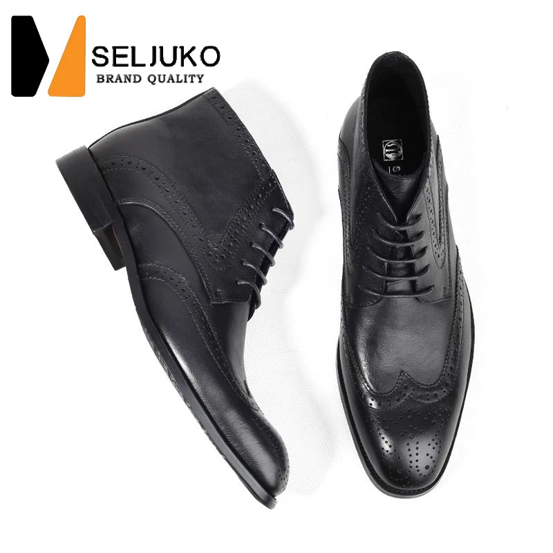 British Brock Carved Leather Boots Retro Business Formal Leather Shoes Fashion Men's Boots Cowhide Men's Short Boots - Sun Studio