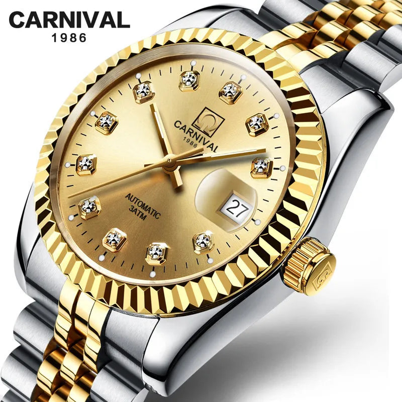 Switzerland CARNIVAL Luxury Brand Automatic Mechanical Women's Watches Sapphire 18K Gold Diamond Waterproof Luminous Clock C8205 - Sun Studio
