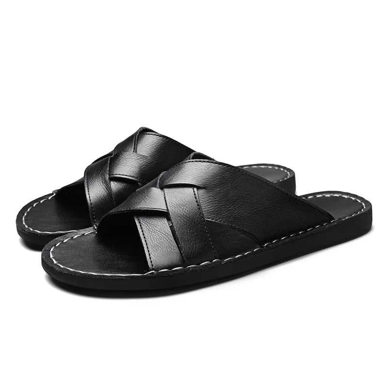 Handmade Leather Slippers for Men 2025 New Beach Summer Walking Shoes Slip on Light Male Flats Men Flip-flops Outdoor Half Drag - Sun Studio