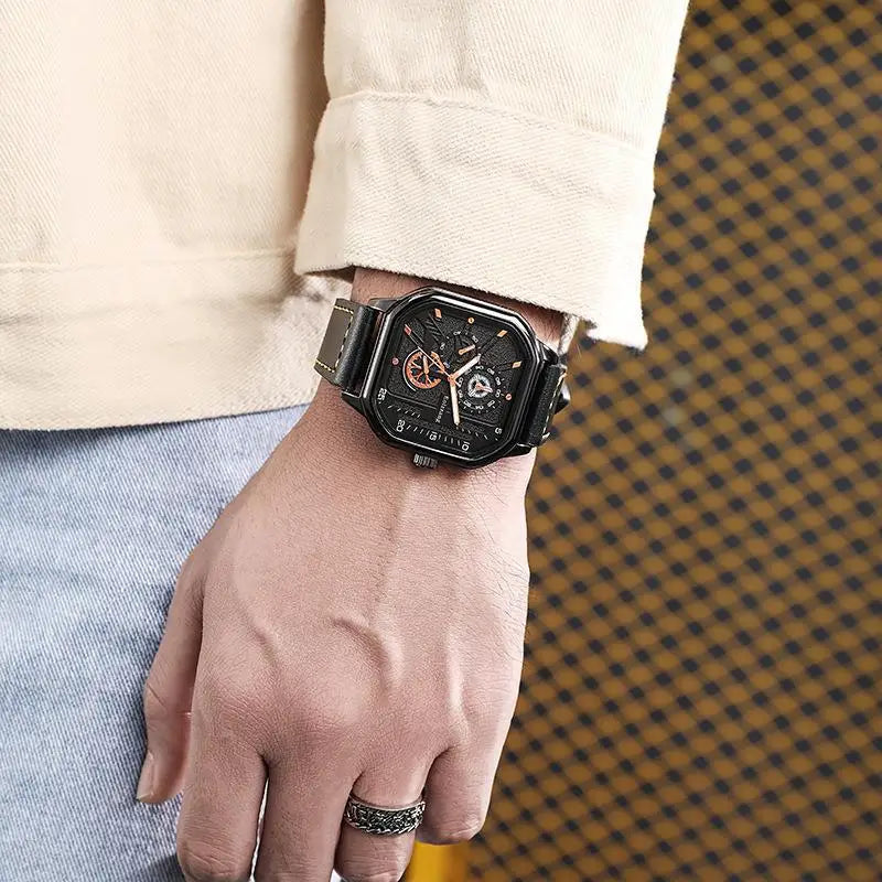 YIKAZE Alloy Men Quartz Watches Leather Strap Big Dial Student Square Sports Watch Cool Black Men's Watch Waterproof  Wristwatch - Sun Studio