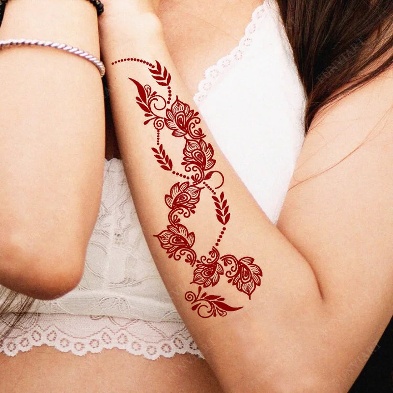 Brown Henna Tattoo Stickers for Hand Foot Waterproof Temporary Tattoos for Women Maroon Color Fake Tattoo for Wedding Body Art - Sun Studio