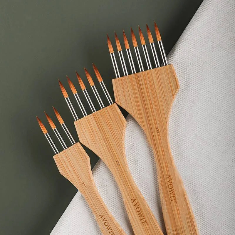 New wooden handle multi tooth brush set, flat head, round head artistic watercolor acrylic brush, multifunctional painting brush - Sun Studio
