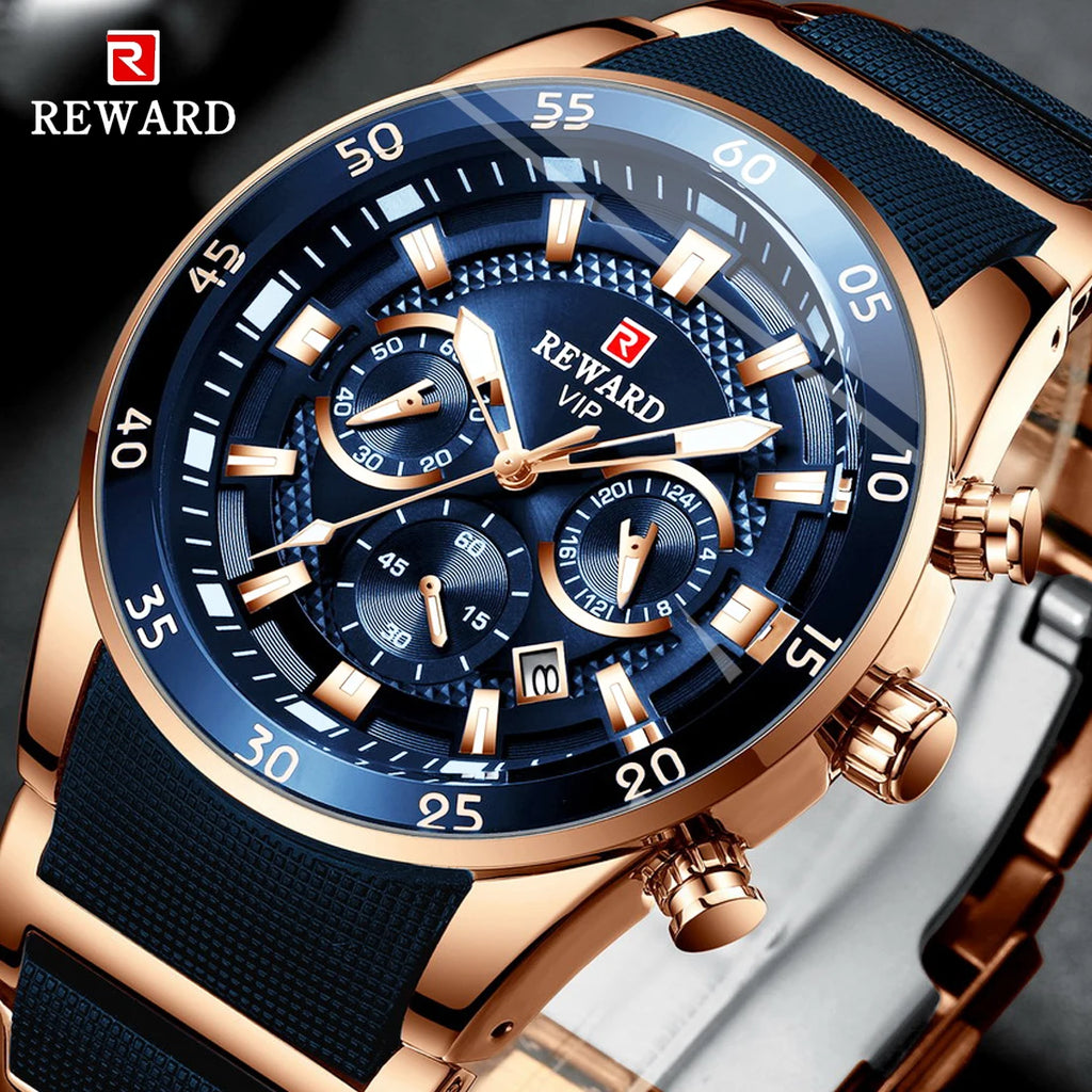 REWARD Blue Business Watches for Men Chronograph Silicone Quartz Wristwatch Man Wrist Watches Male Sports Waterproof Watch - Sun Studio