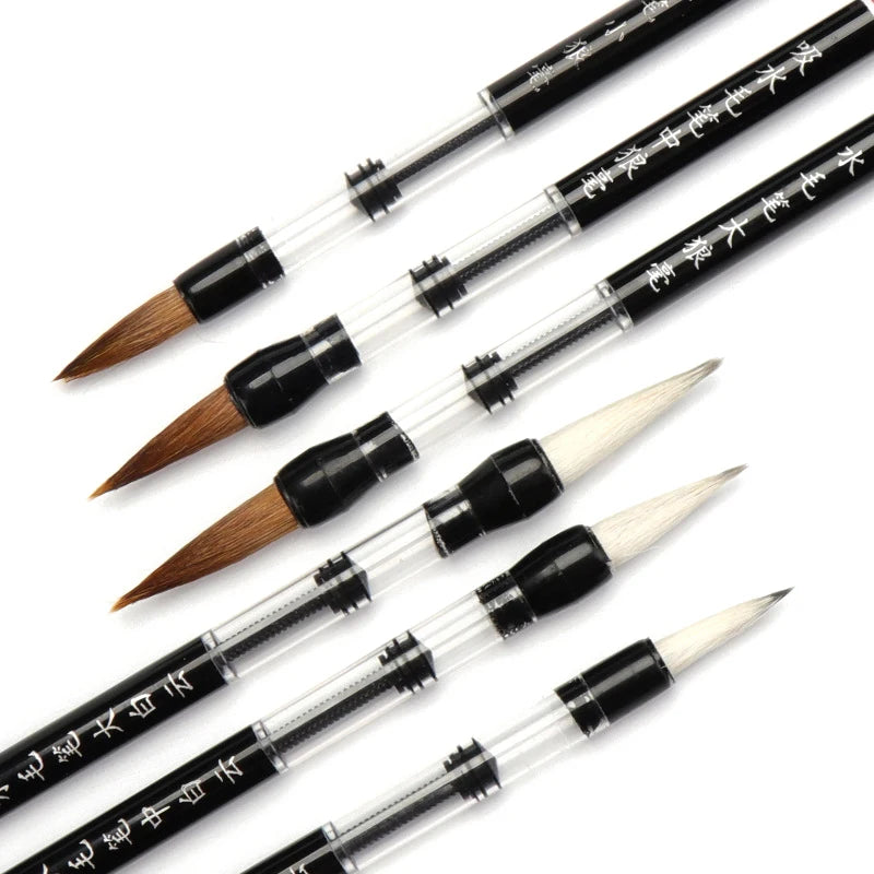 3 Pcs Calligraphy Brush Set Water Storage Paint Brush Pen Automatic Suction Ink Wolf Hair Baiyun Soft Round Point Writing Brush - Sun Studio