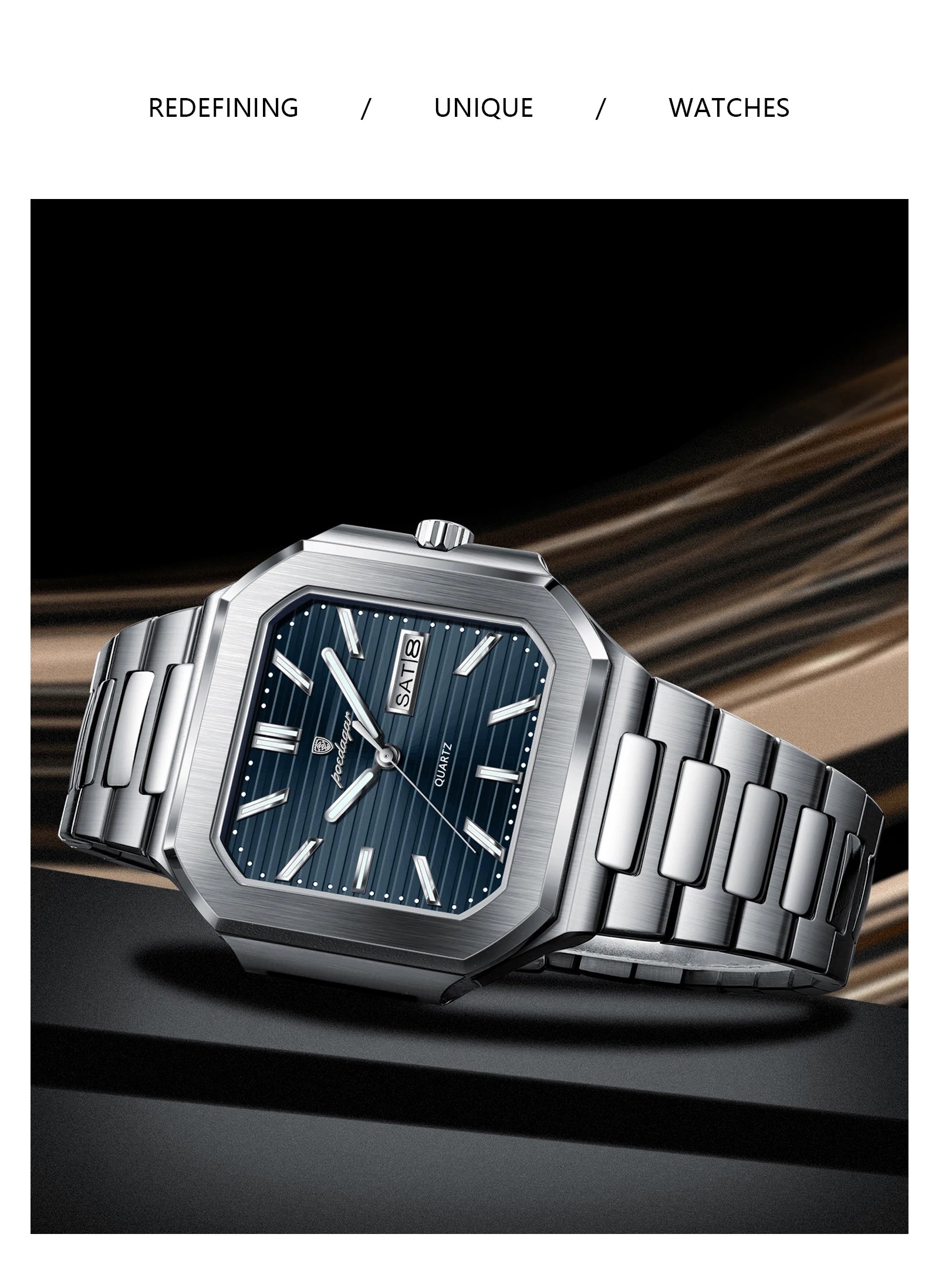 POEDAGAR Square Fashion Man Wristwatch Waterproof Luminous Date Week Quartz Men's Watches Stainless Steel Luxury Men Watch Reloj - Sun Studio