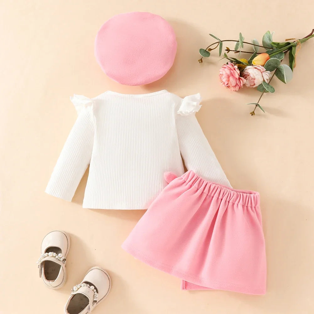 Baby Girls Clothes New Year Set 0-3Y Long Sleeve Big Bow Top Irregular Skirt and Beret 3Pcs Toddler Christmas Clothes - Sun Studio